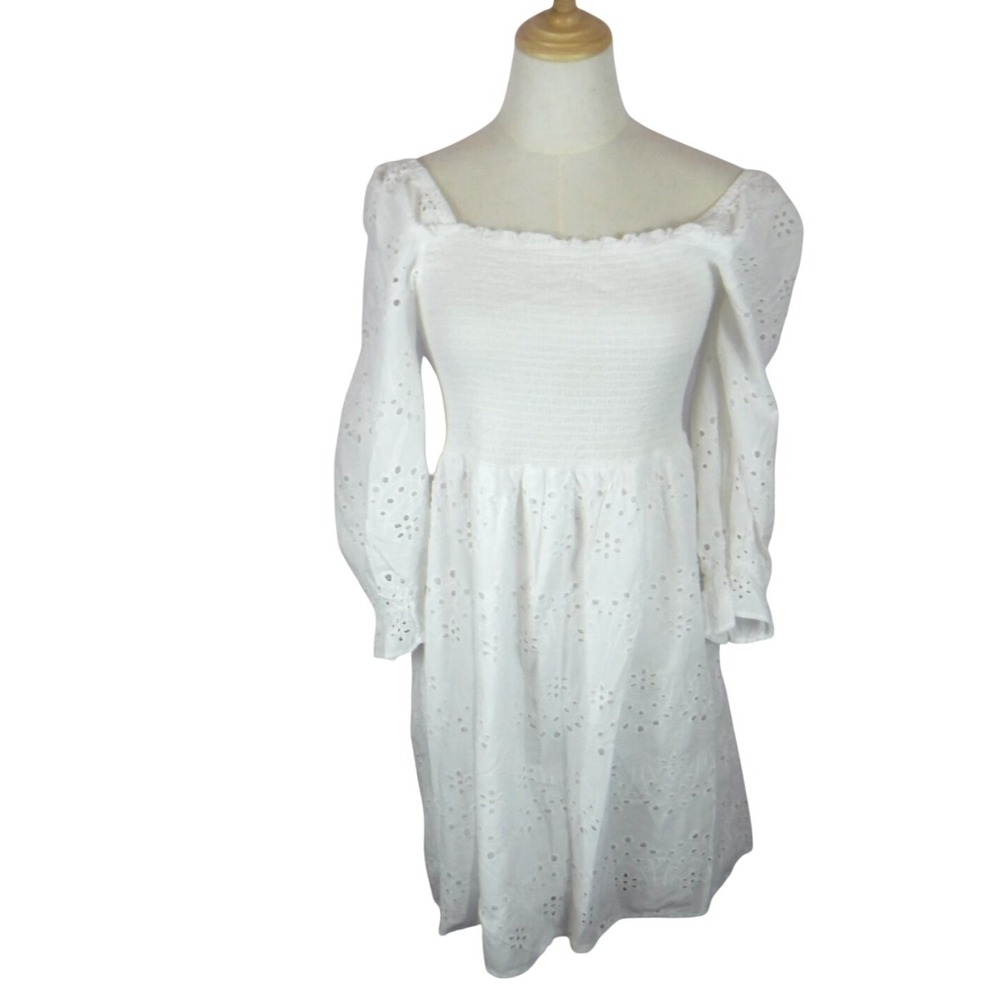 J CEE White Eyelet Cotton Smocked Mini Dress Long Puff Sleeve Square Neck XL‎